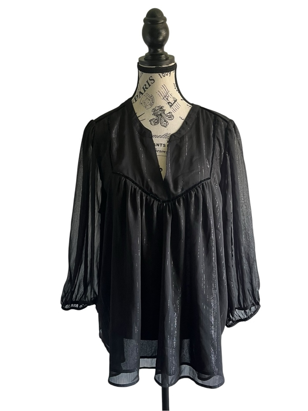 Reitmans Sheer Black Babydoll Blouse Empire Waist Goth Balloon Sleeves Shimmer